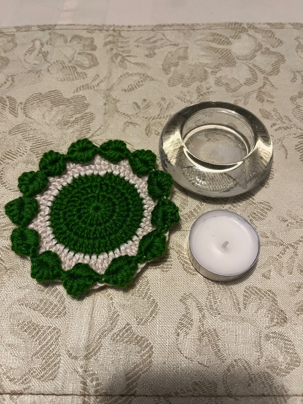 Handmade Green Crochet Tea Light Doily with Clear Glass Candle Holder